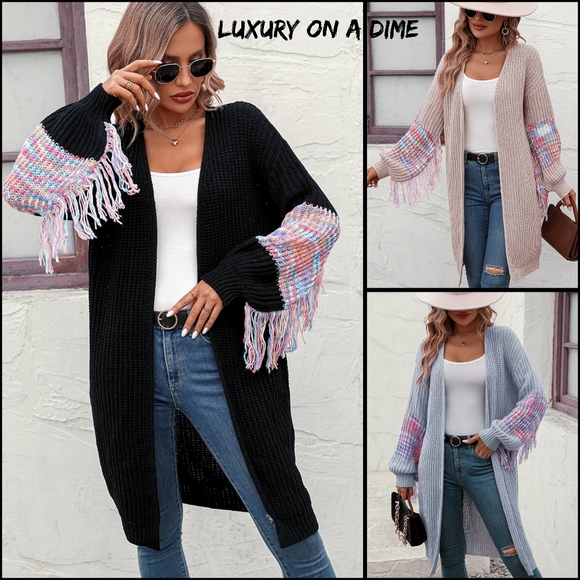 Fringe Sleeve Retro Waffle Knit Longline Duster Cardigan Colorful Open Sweater - Picture 7 of 7